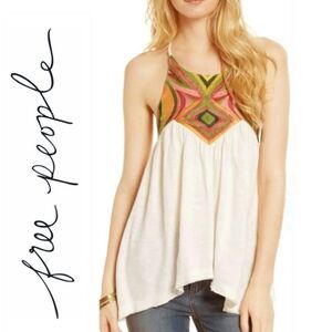 Free People Multicolor Embroidered Top Boho Open Back Flowy Cross Straps Size M